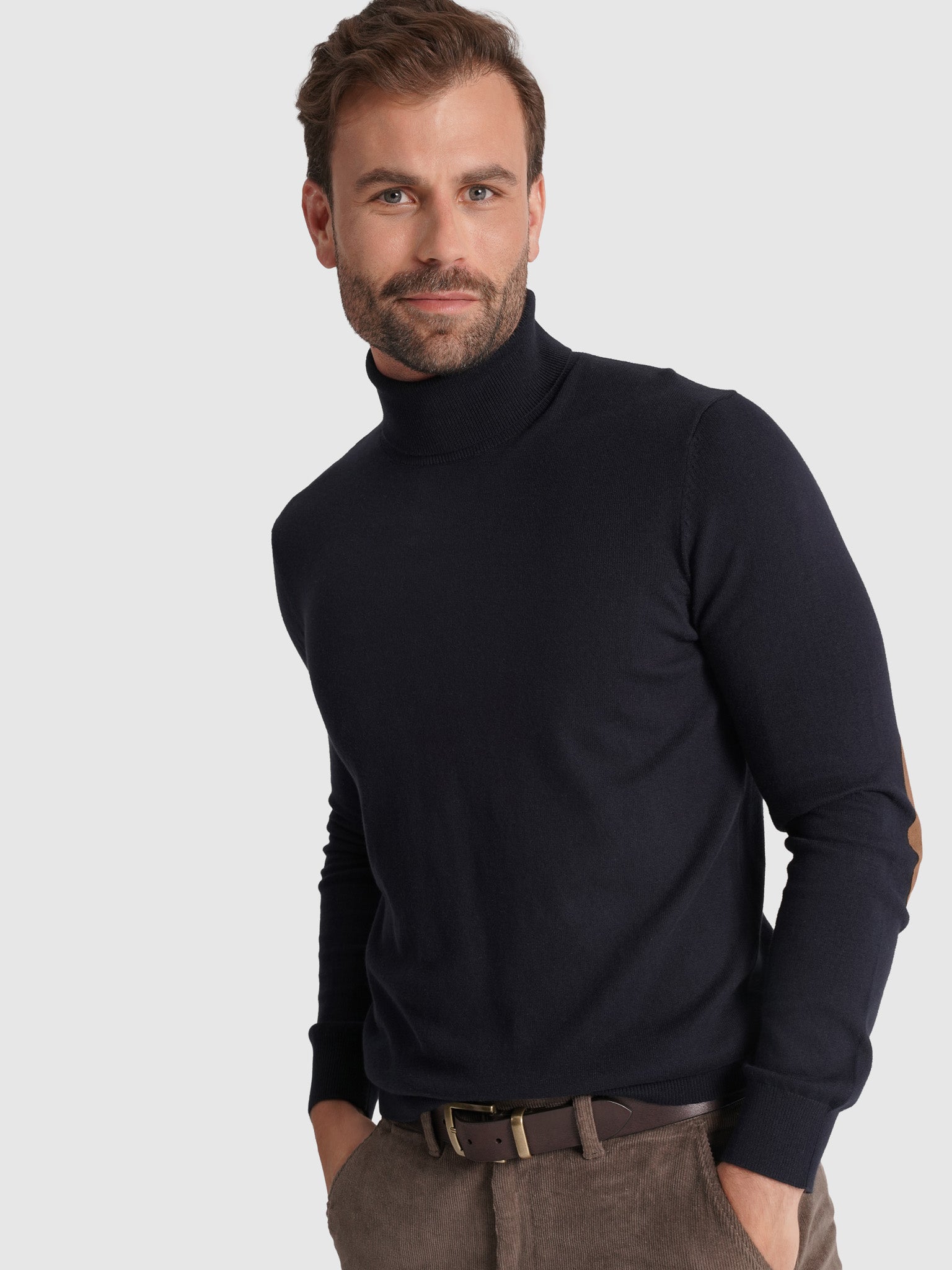 BLUE CASHMERE PULLOVER WITH REGULAR FIT MR ELBOW PADS. BLUE