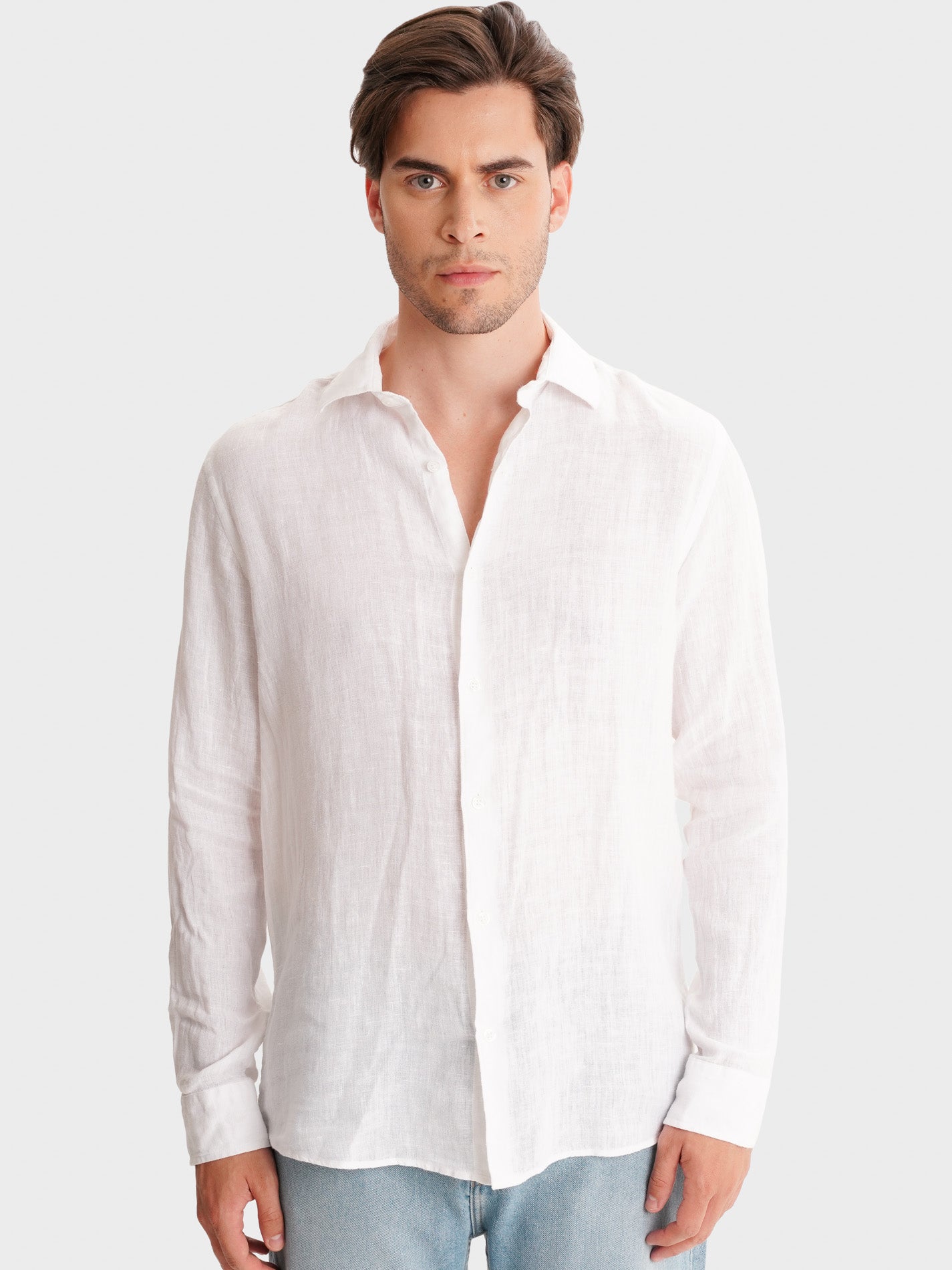 WHITE LINEN SHIRT LONG SLEEVE TAILORED FIT MARK BELLUCCI