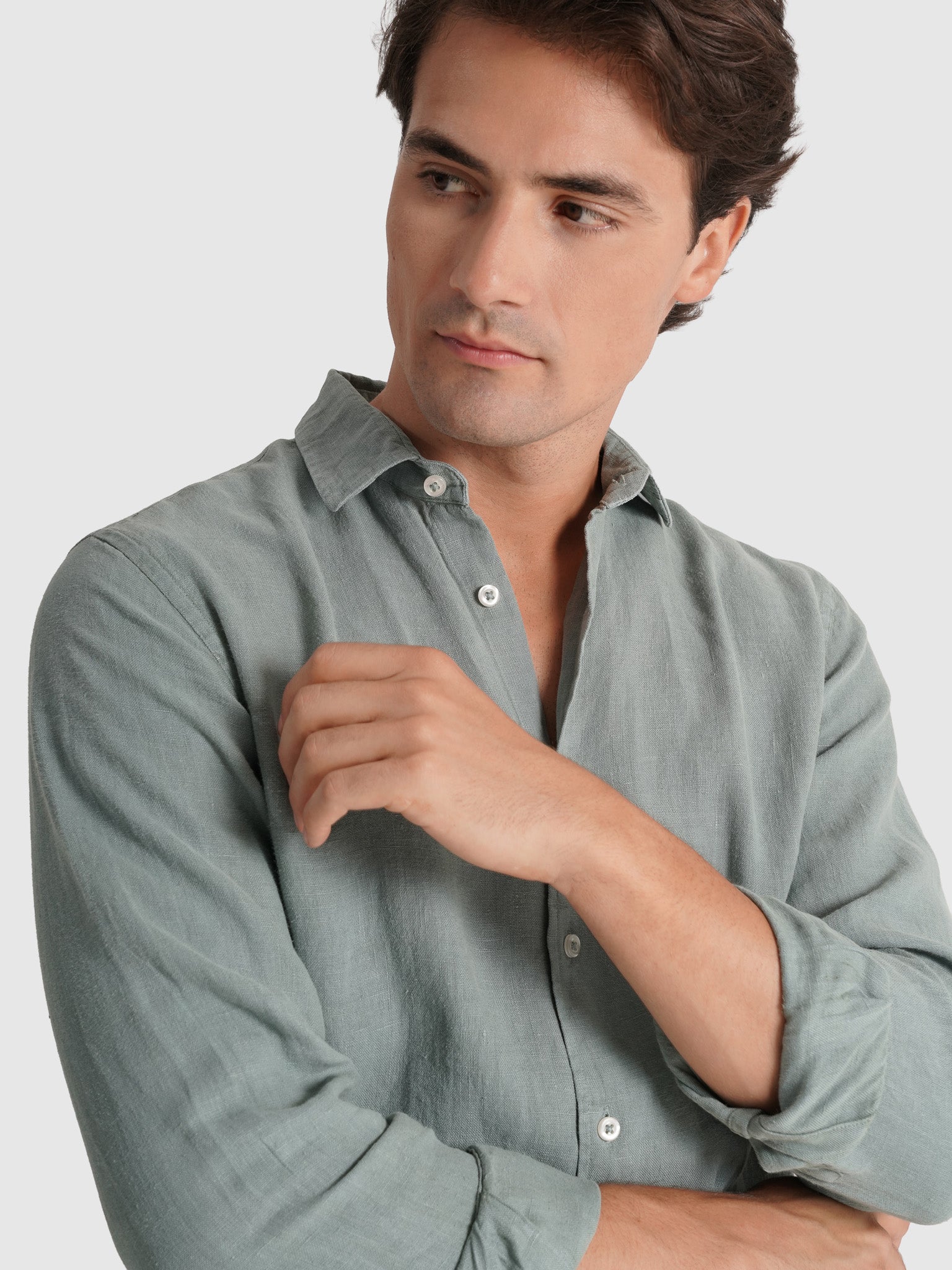 Camisa Linho Verde Manga Comprida Tailored Fit Mr. Blue