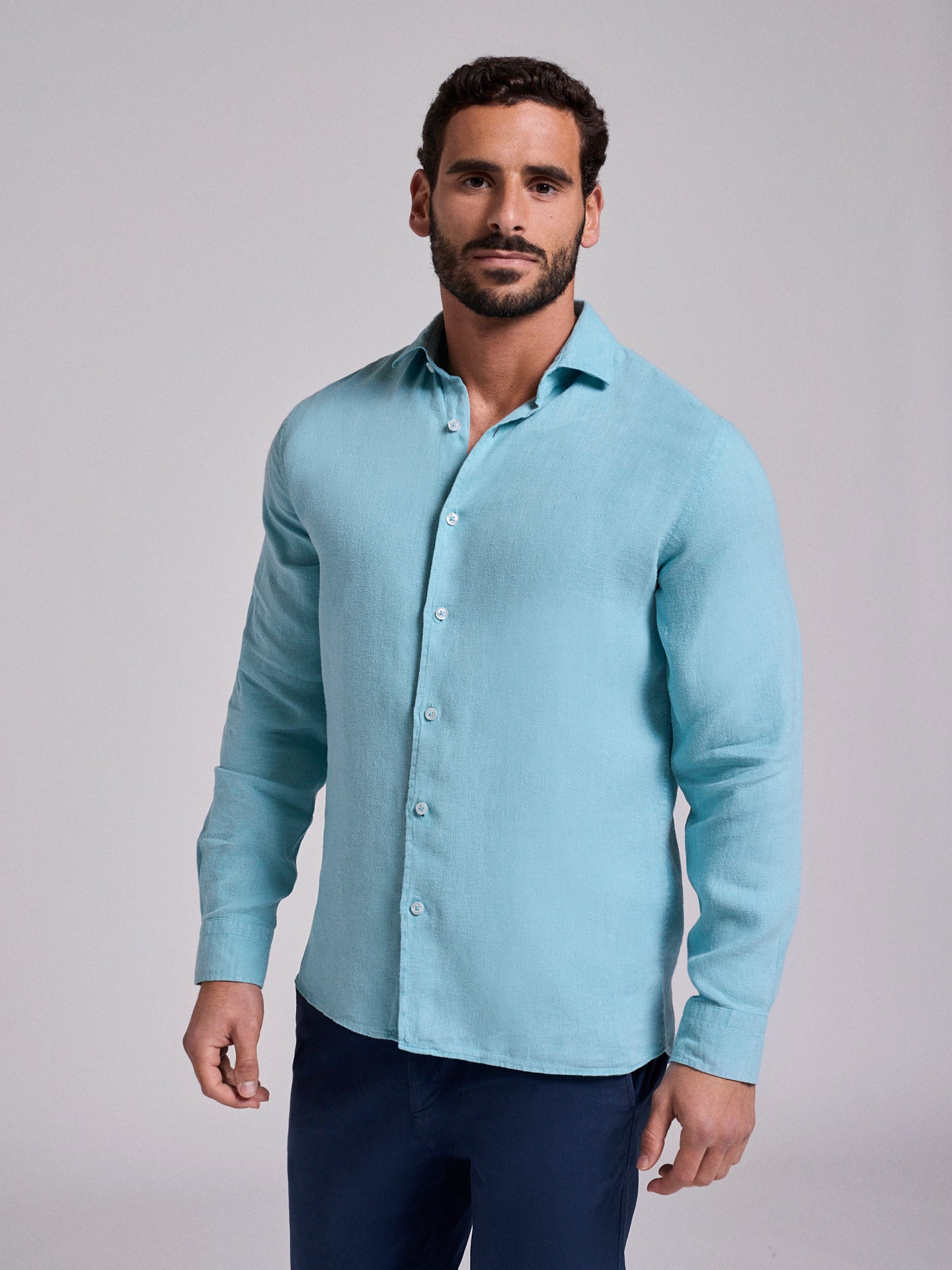 Camisa Linho Azul Manga Comprida Tailored Fit Mr. Blue