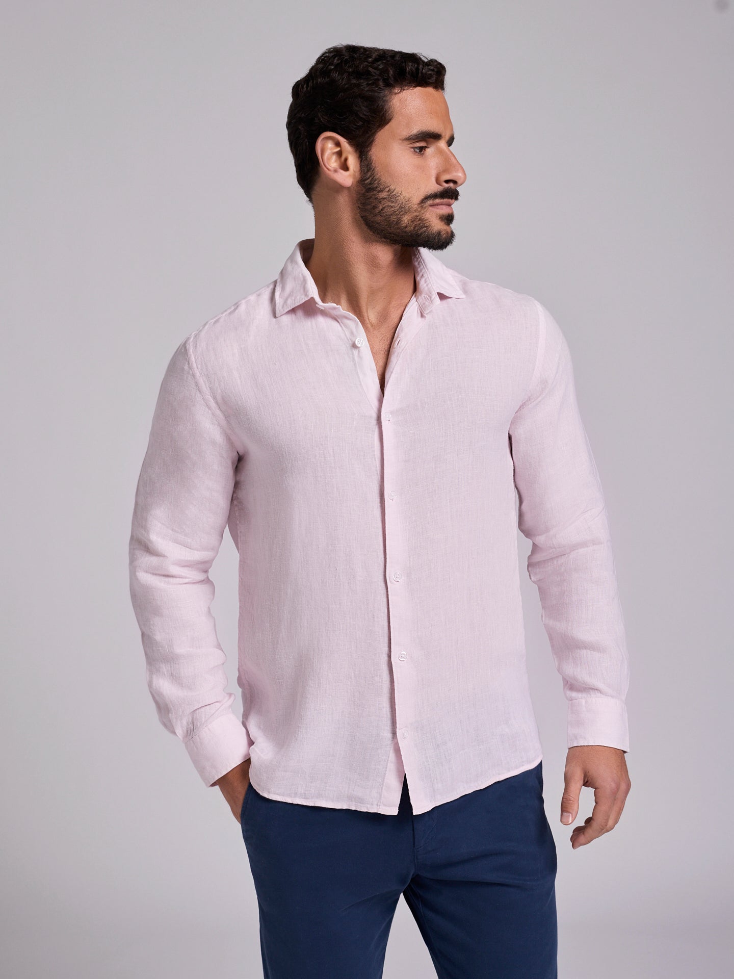 Camisa Linho Rosa Manga Comprida Tailored Fit Mr. Blue