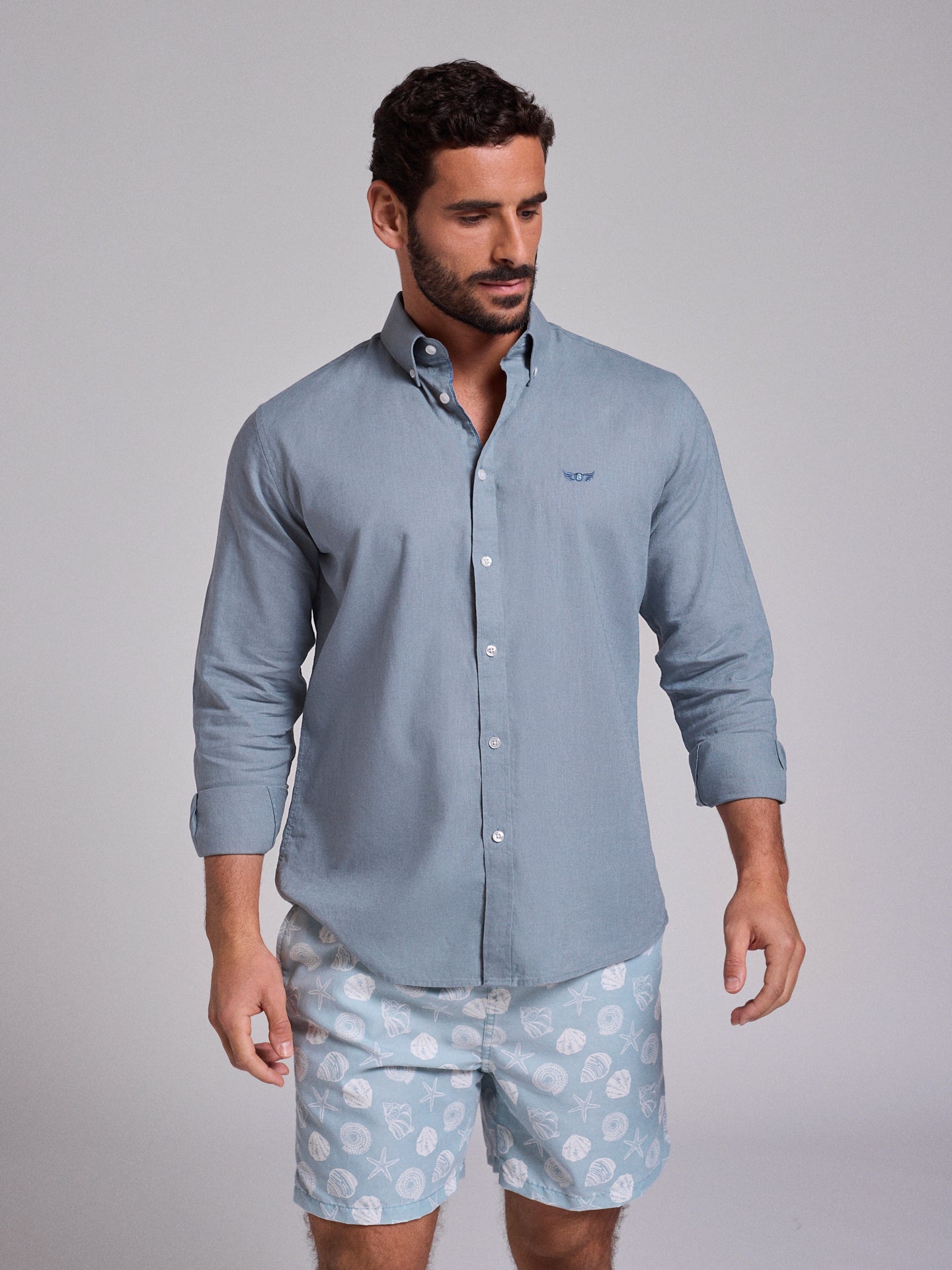 Camisa Linho Azul Manga Comprida Regular Fit Mr. Blue