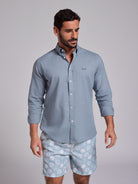 Camisa Linho Azul Manga Comprida Regular Fit Mr. Blue