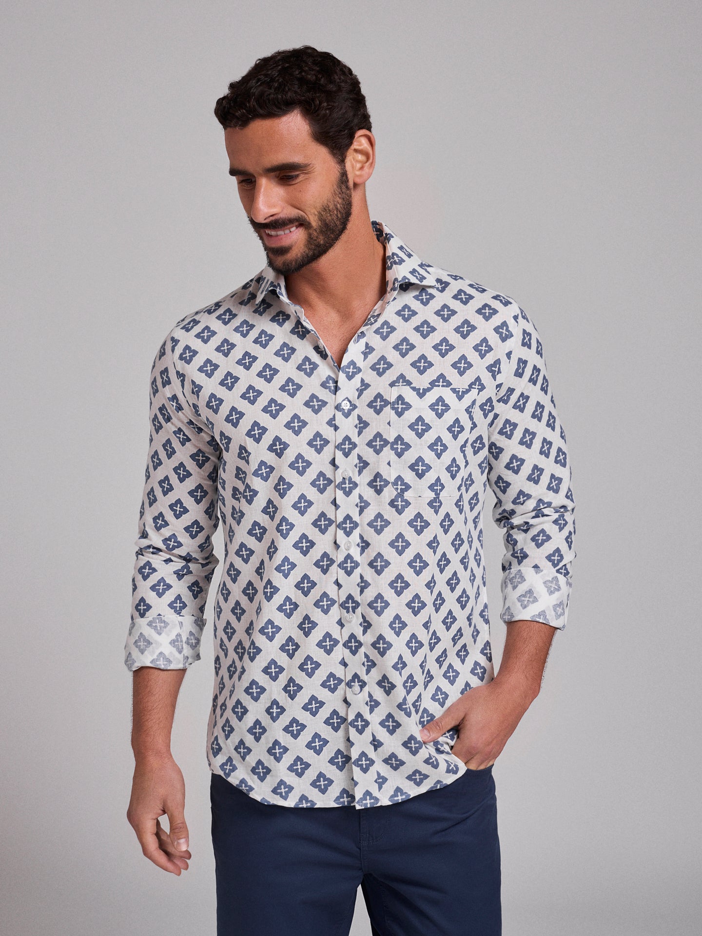 Camisa Linho Azul Manga Comprida Regular Fit Mr. Blue