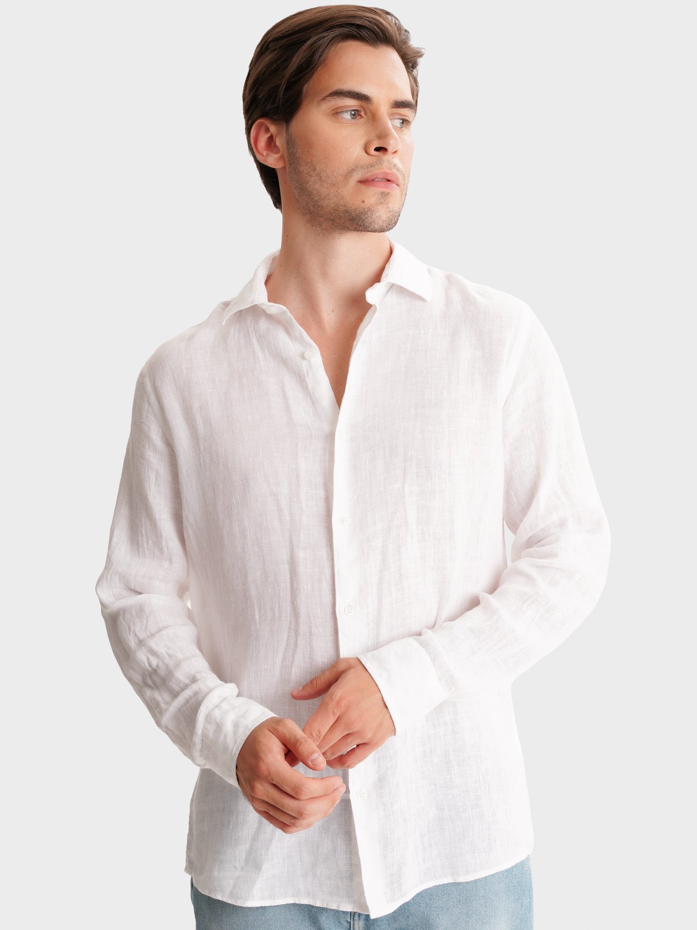 WHITE LINEN SHIRT LONG SLEEVE TAILORED FIT MARK BELLUCCI
