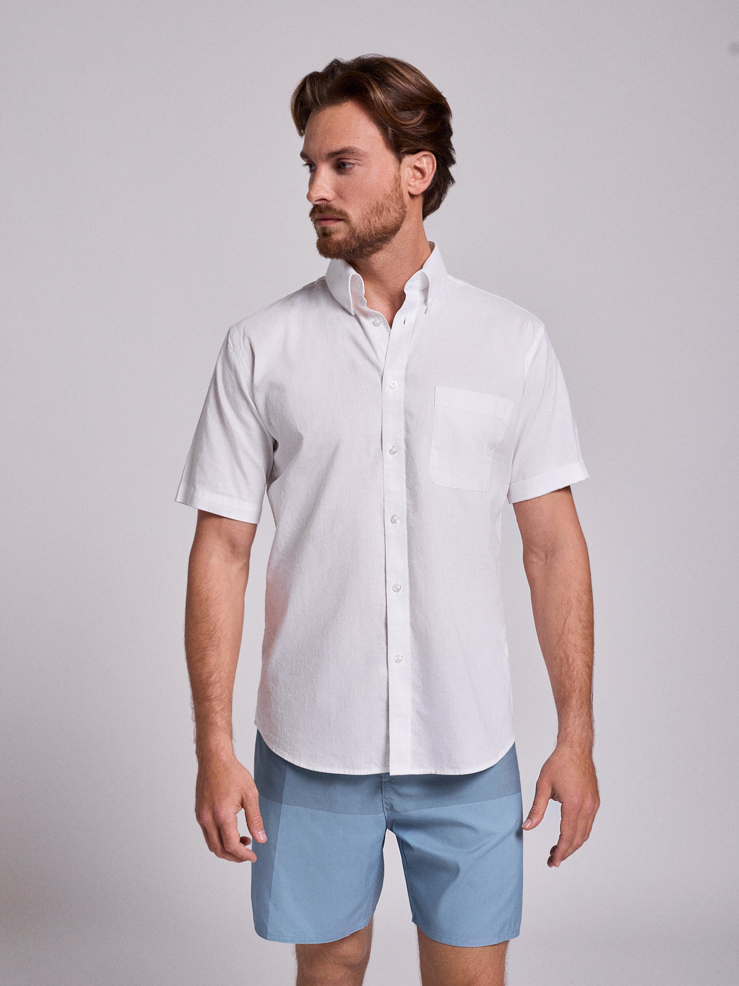 Camisa Linho Branca Manga Curta Regular Fit Mr. Blue