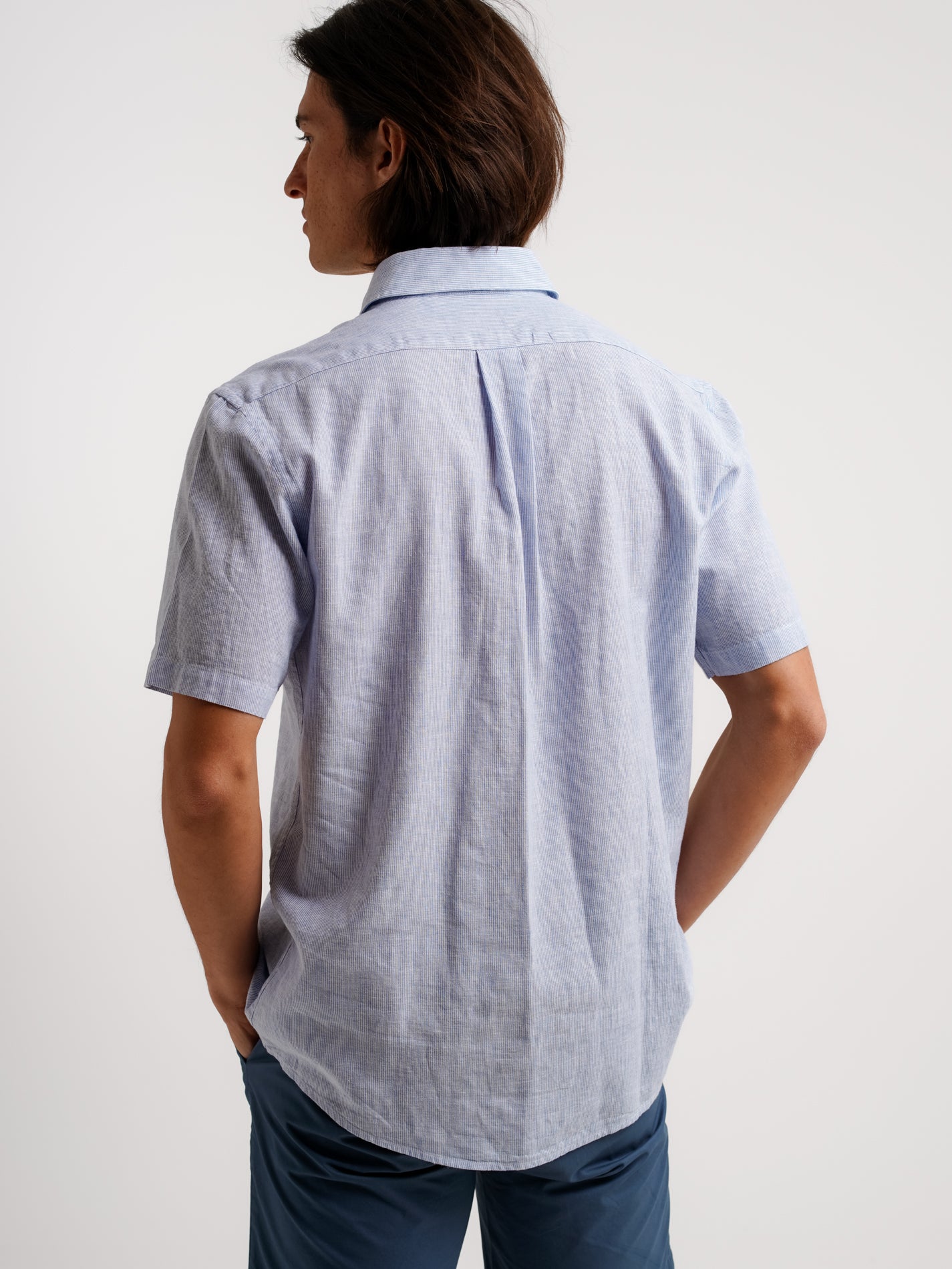 CAMISA LINHO AZUL MANGA CURTA REGULAR FIT MR. BLUE