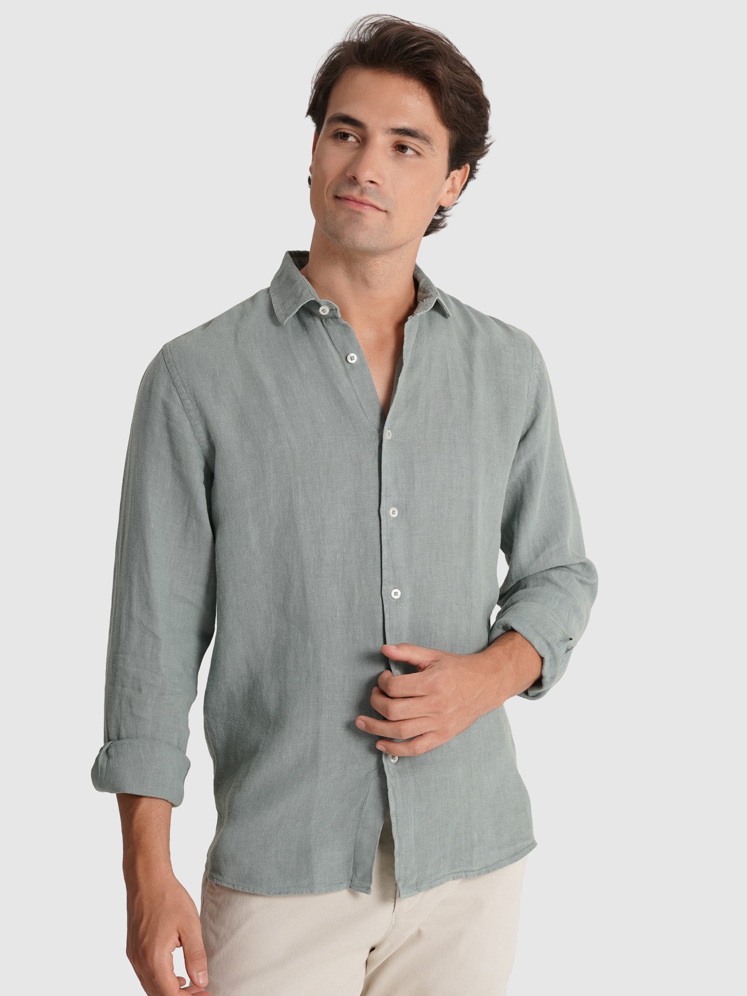 Camisa Linho Verde Manga Comprida Tailored Fit Mr. Blue