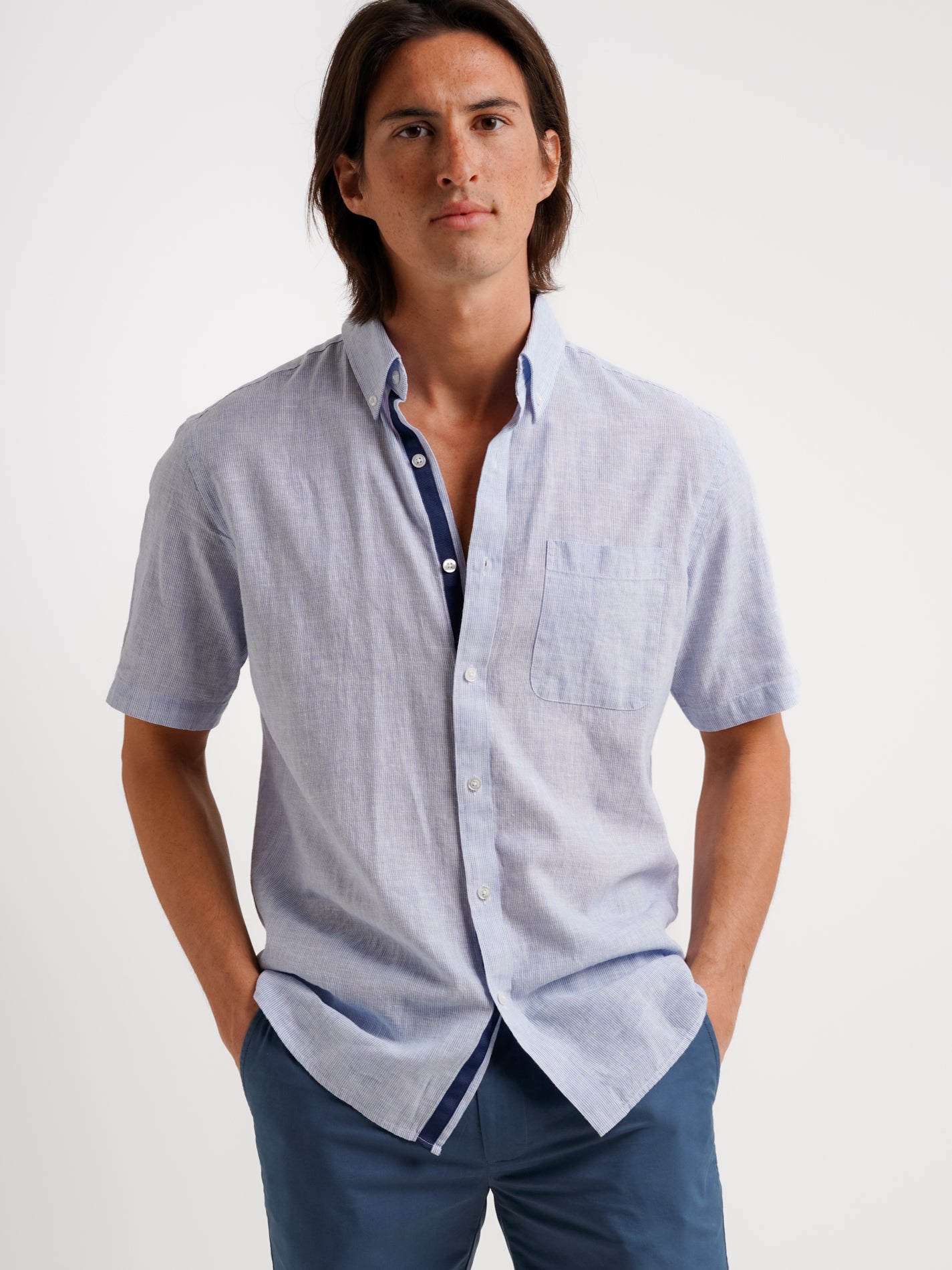 Camisa Linho Azul Manga Curta Regular Fit Mr. Blue