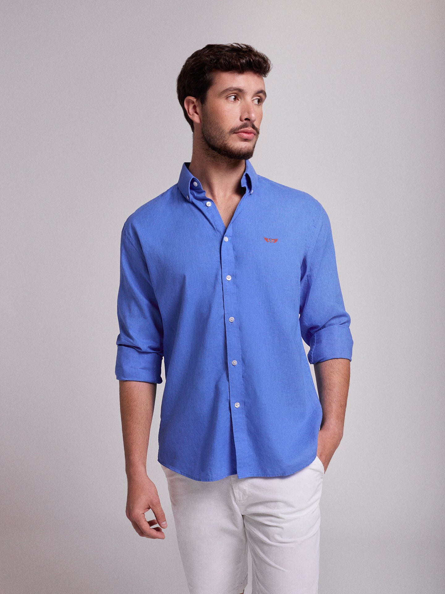 Camisa Linho Azul Manga Comprida Regular Fit Mr. Blue